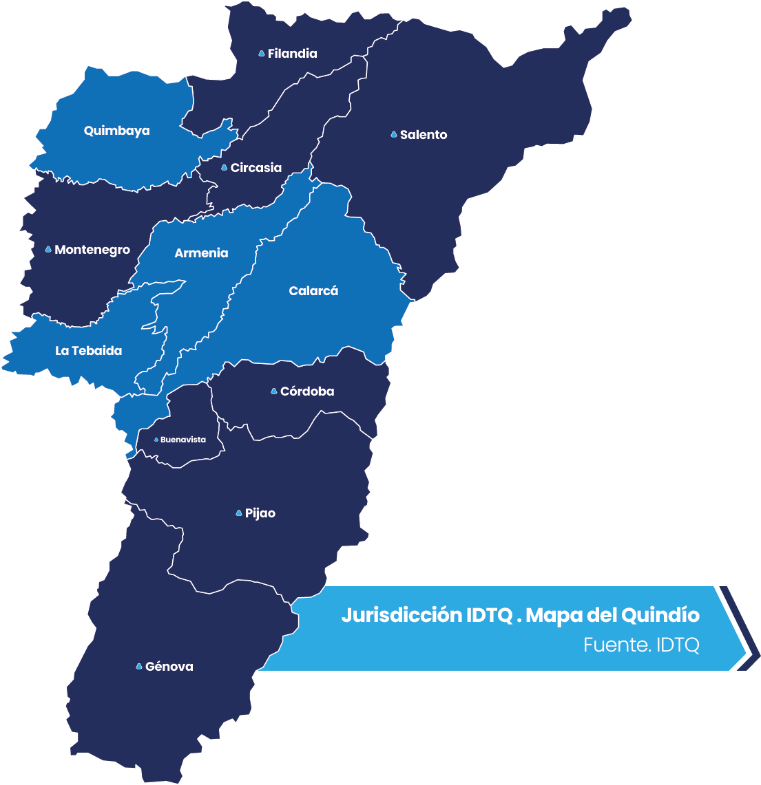 Mapa de la jurisdicción del IDTQ en el departamento del Quindío